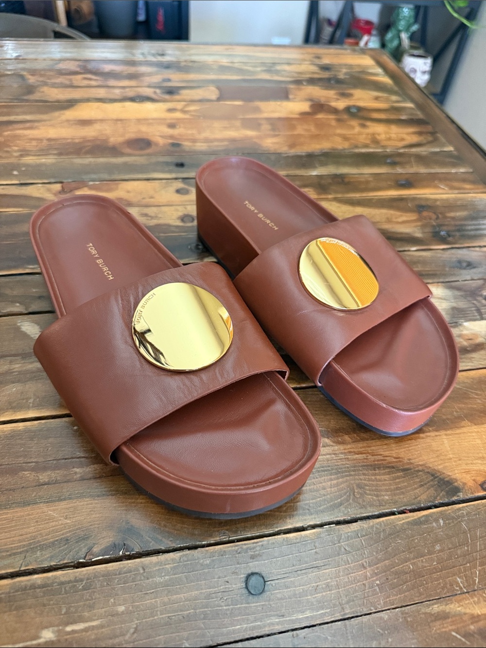 Tory Burch Chestnut Brown Leather Slides with Gold Disc